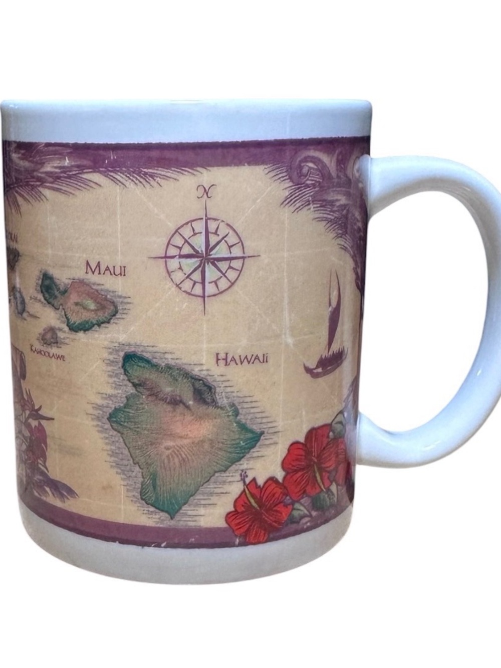 Hawaii Map Ceramic Coffee Mug - White with Beige, Green & Red Design